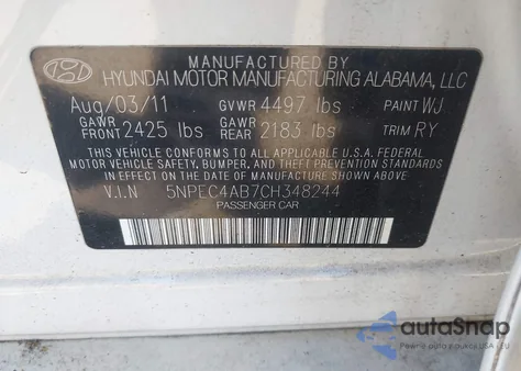 2012 Hyundai Sonata Limited 2.0T z USA, uszkodzony, nr VIN 5NPEC4AB7CH348244